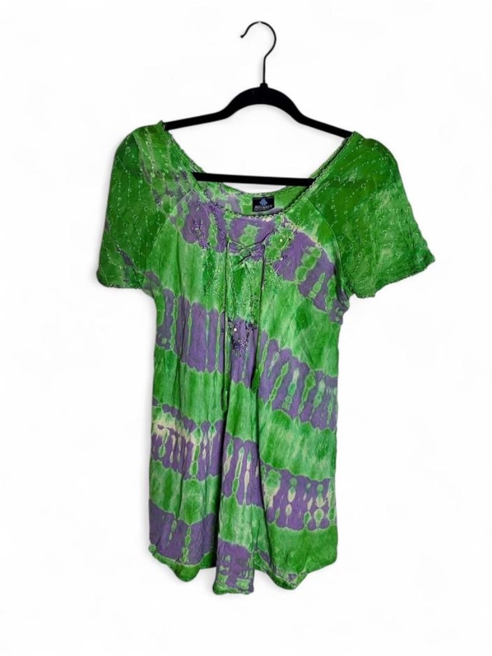 Advance Apparels Green Purple Tie Dye Boho Lace Up Top - OSFM
